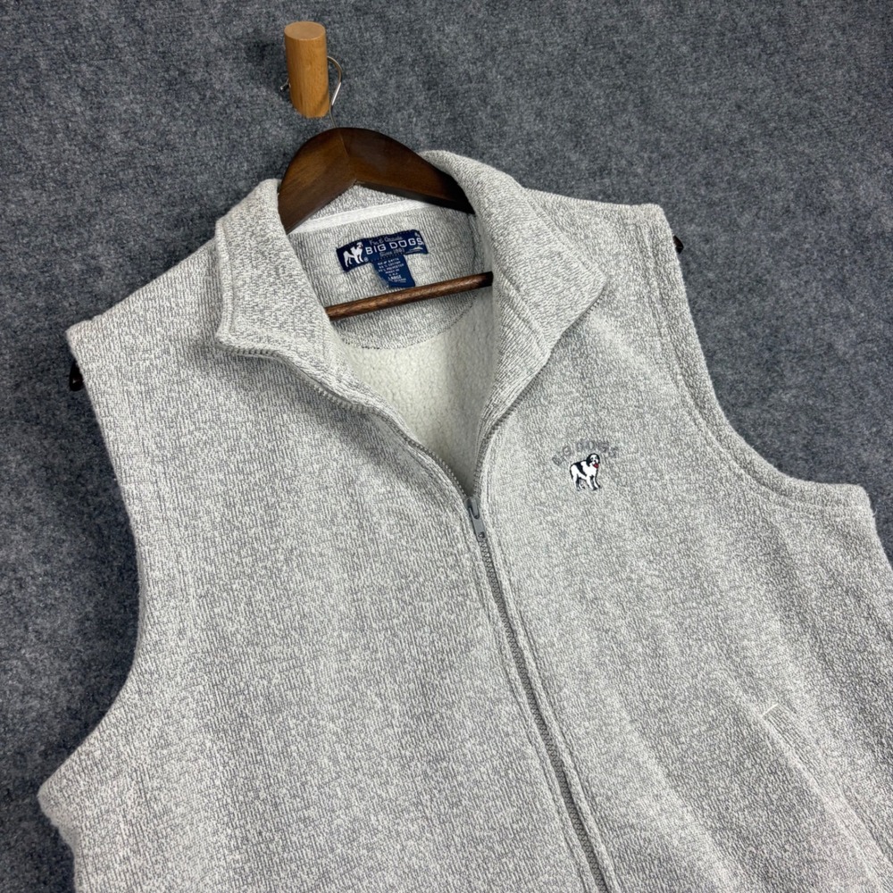Big Dogs Mens Large Gray Full Zip Fleece Vest Mock Neck Sleeveless Jacket Logo